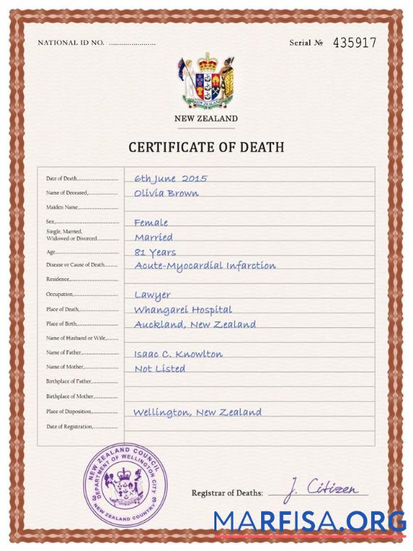 Realistic New Zealand vital record death certificate PSD template